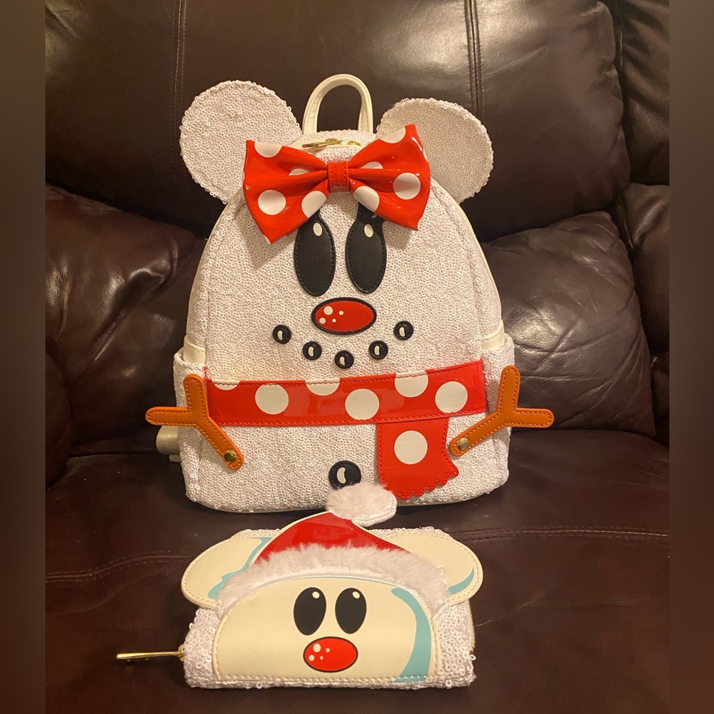 Loungefly Disney Snowman Minnie Mouse Sequin Backpack & Snow Santa Mickey Wallet